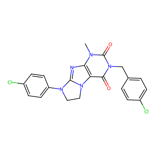 3-(4-chlorobenzyl)-8-(4-chlorophenyl)-1-methyl-7,8-dihydro-1H-imidazo[2,1-f]purine-2,4(3H,6H)-dione structure