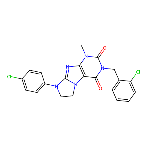 3-(2-chlorobenzyl)-8-(4-chlorophenyl)-1-methyl-7,8-dihydro-1H-imidazo[2,1-f]purine-2,4(3H,6H)-dione structure