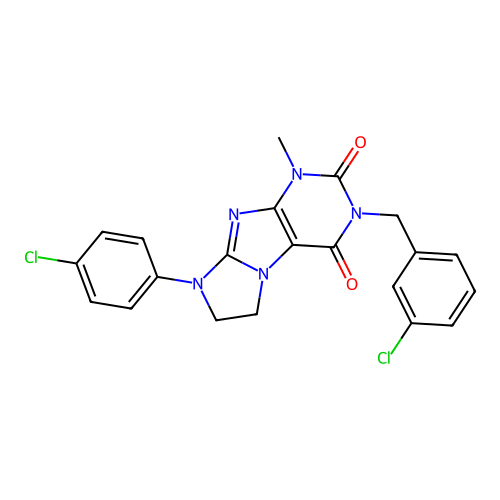 3-(3-chlorobenzyl)-8-(4-chlorophenyl)-1-methyl-7,8-dihydro-1H-imidazo[2,1-f]purine-2,4(3H,6H)-dione structure