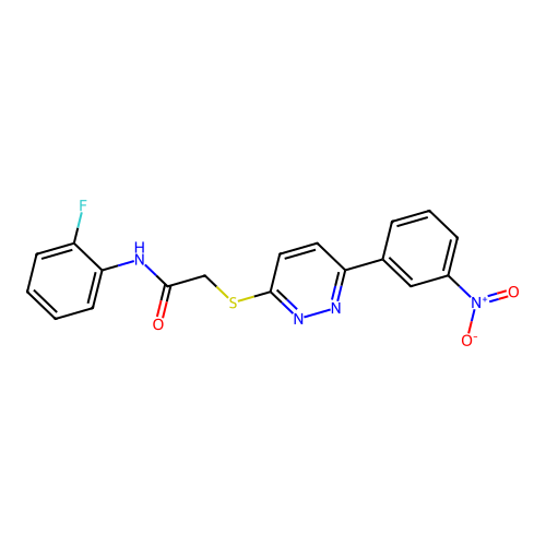 N-(2-fluorophenyl)-2-[6-(3-nitrophenyl)pyridazin-3-yl]sulfanylacetamide structure