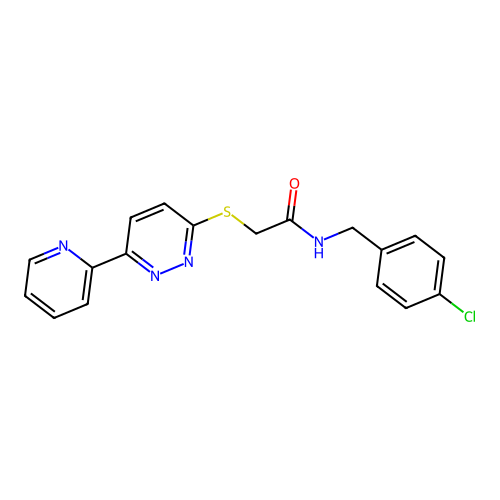 N-[(4-chlorophenyl)methyl]-2-(6-pyridin-2-ylpyridazin-3-yl)sulfanylacetamide structure