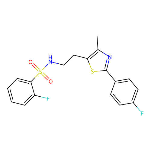 2-fluoro-N-{2-[2-(4-fluorophenyl)-4-methyl-1,3-thiazol-5-yl]ethyl}benzene-1-sulfonamide structure