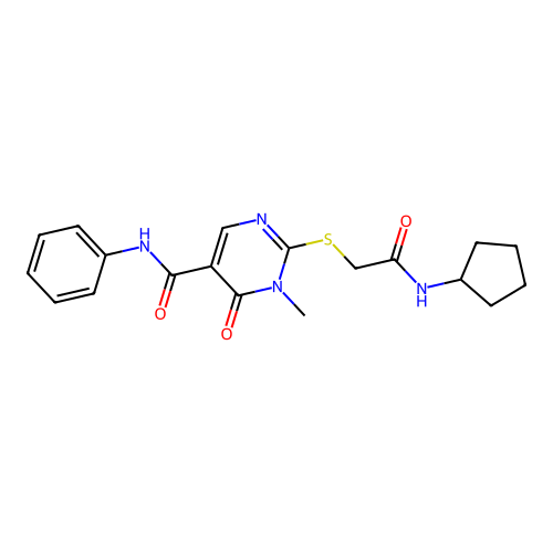 2-{[(cyclopentylcarbamoyl)methyl]sulfanyl}-1-methyl-6-oxo-N-phenyl-1,6-dihydropyrimidine-5-carboxamide structure