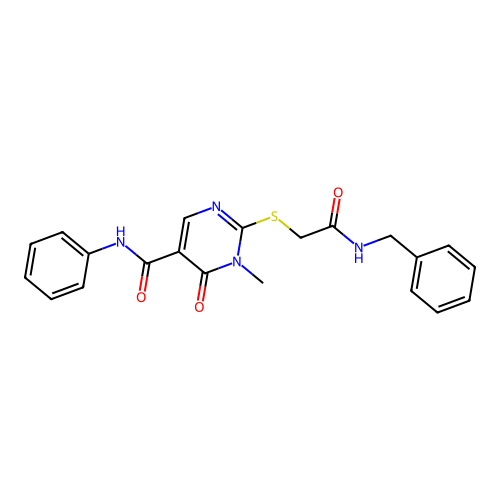 2-{[(benzylcarbamoyl)methyl]sulfanyl}-1-methyl-6-oxo-N-phenyl-1,6-dihydropyrimidine-5-carboxamide structure