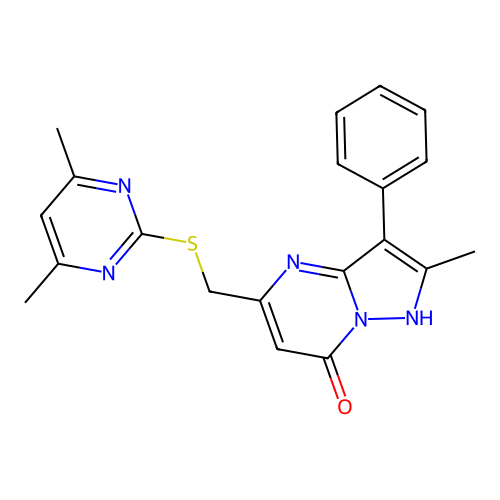 5-(((4,6-dimethylpyrimidin-2-yl)thio)methyl)-2-methyl-3-phenylpyrazolo[1,5-a]pyrimidin-7(4H)-one structure