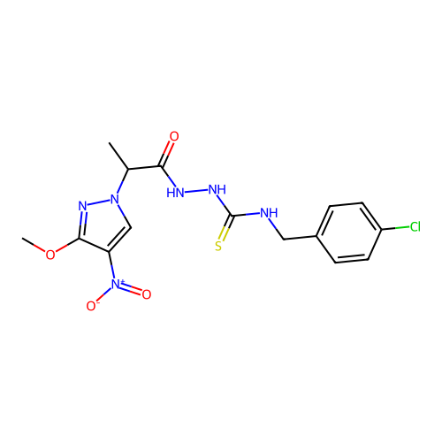 1-[(4-chlorophenyl)methyl]-3-[2-(3-methoxy-4-nitropyrazol-1-yl)propanoylamino]thiourea structure