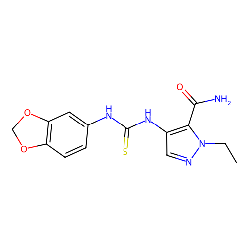 4-(1,3-Benzodioxol-5-ylcarbamothioylamino)-2-ethylpyrazole-3-carboxamide structure