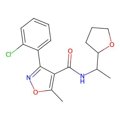 3-(2-chlorophenyl)-5-methyl-N-[1-(oxolan-2-yl)ethyl]-1,2-oxazole-4-carboxamide structure