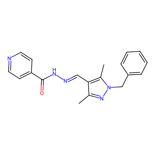 (E)-N'-((1-benzyl-3,5-dimethyl-1H-pyrazol-4-yl)methylene)isonicotinohydrazide structure
