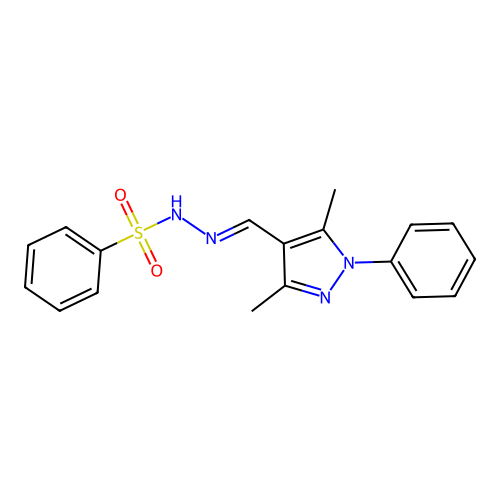 N-[(E)-(3,5-dimethyl-1-phenylpyrazol-4-yl)methylideneamino]benzenesulfonamide structure