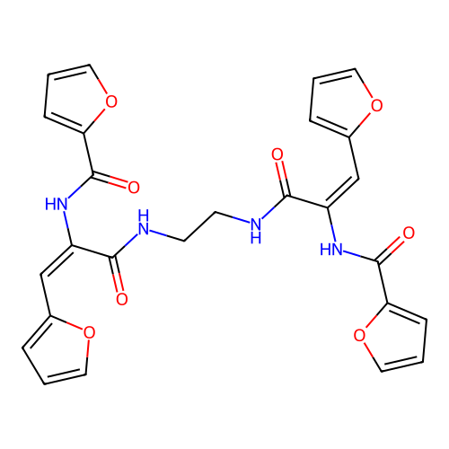N,N'-((1E,1'E)-(ethane-1,2-diylbis(azanediyl))bis(1-(furan-2-yl)-3-oxoprop-1-ene-3,2-diyl))bis(furan-2-carboxamide) structure