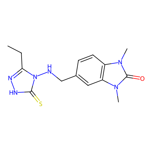 5-(((3-ethyl-5-mercapto-4H-1,2,4-triazol-4-yl)amino)methyl)-1,3-dimethyl-1H-benzo[d]imidazol-2(3H)-one structure