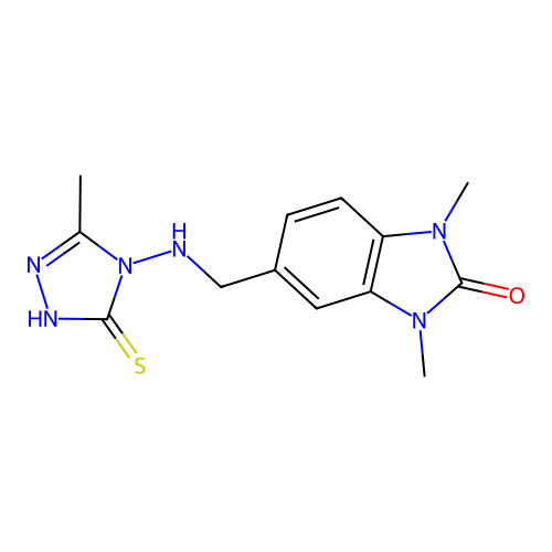 5-(((3-mercapto-5-methyl-4H-1,2,4-triazol-4-yl)amino)methyl)-1,3-dimethyl-1H-benzo[d]imidazol-2(3H)-one structure