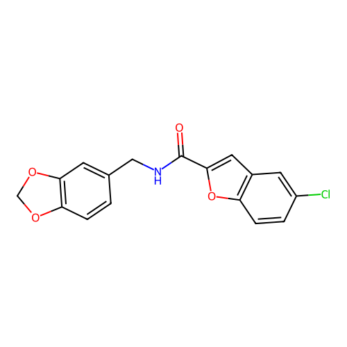 N-(1,3-benzodioxol-5-ylmethyl)-5-chloro-1-benzofuran-2-carboxamide structure