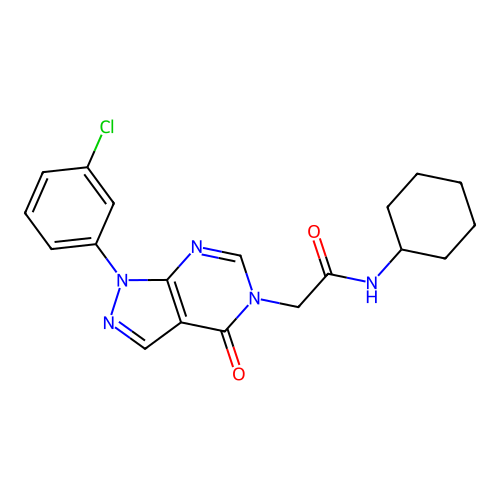 2-[1-(3-chlorophenyl)-4-oxopyrazolo[3,4-d]pyrimidin-5-yl]-N-cyclohexylacetamide structure