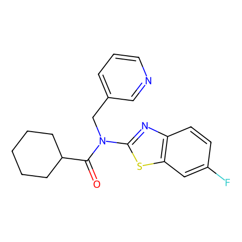 N-(6-fluoro-1,3-benzothiazol-2-yl)-N-(pyridin-3-ylmethyl)cyclohexanecarboxamide structure
