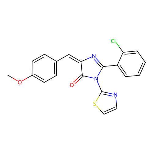 (E)-2-(2-chlorophenyl)-4-(4-methoxybenzylidene)-1-(thiazol-2-yl)-1H-imidazol-5(4H)-one structure