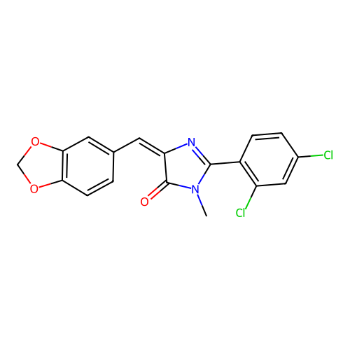 (5E)-5-(1,3-benzodioxol-5-ylmethylidene)-2-(2,4-dichlorophenyl)-3-methylimidazol-4-one structure