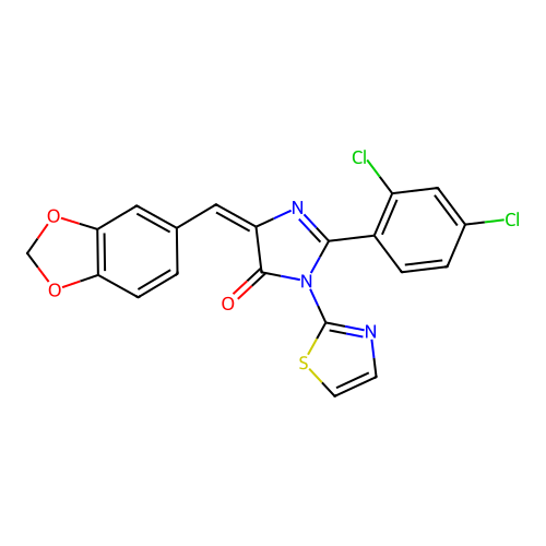 (5E)-5-(1,3-benzodioxol-5-ylmethylidene)-2-(2,4-dichlorophenyl)-3-(1,3-thiazol-2-yl)-3,5-dihydro-4H-imidazol-4-one structure