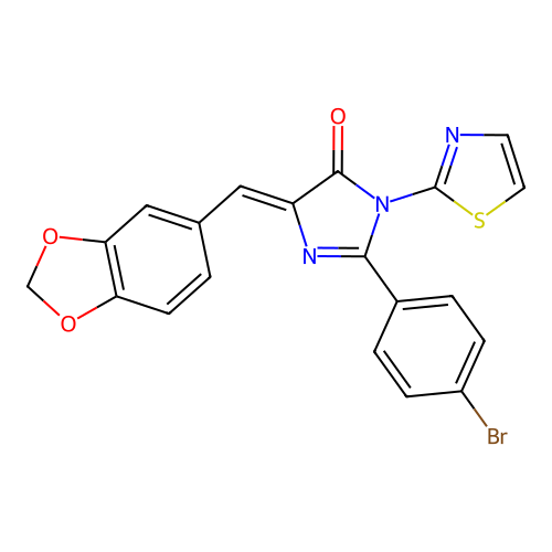 (5Z)-5-(1,3-benzodioxol-5-ylmethylidene)-2-(4-bromophenyl)-3-(1,3-thiazol-2-yl)-3,5-dihydro-4H-imidazol-4-one structure