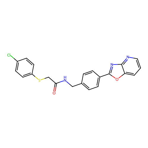 2-((4-chlorophenyl)thio)-N-(4-(oxazolo[4,5-b]pyridin-2-yl)benzyl)acetamide structure