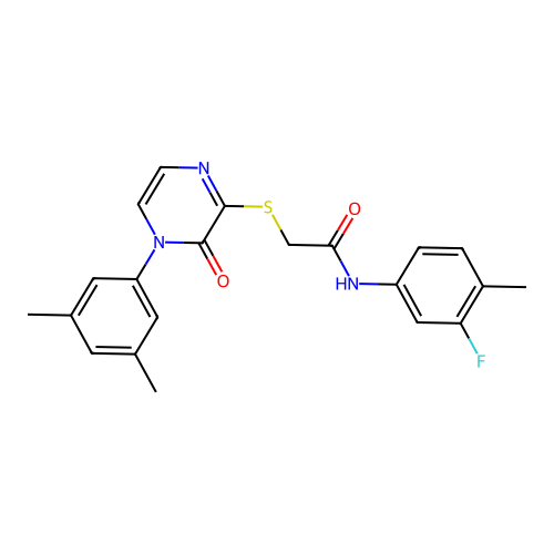 2-{[4-(3,5-dimethylphenyl)-3-oxo-3,4-dihydropyrazin-2-yl]sulfanyl}-N-(3-fluoro-4-methylphenyl)acetamide structure