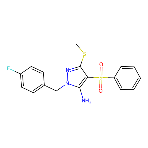 1-(4-fluorobenzyl)-3-(methylthio)-4-(phenylsulfonyl)-1H-pyrazol-5-amine structure