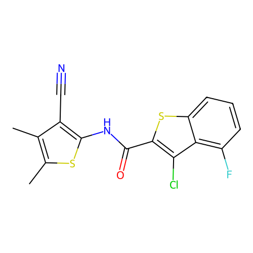 3-chloro-N-(3-cyano-4,5-dimethylthiophen-2-yl)-4-fluoro-1-benzothiophene-2-carboxamide structure