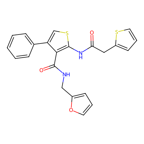 N-(furan-2-ylmethyl)-4-phenyl-2-[(2-thiophen-2-ylacetyl)amino]thiophene-3-carboxamide structure