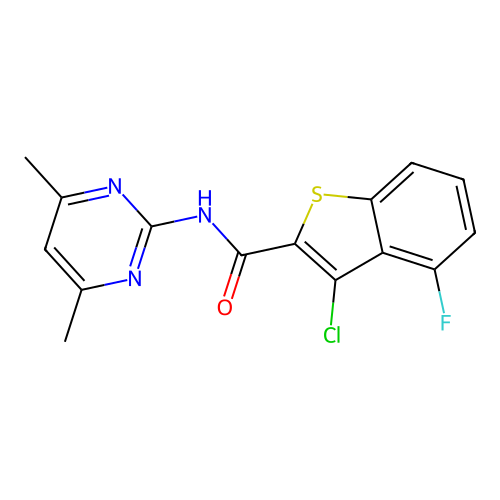 3-chloro-N-(4,6-dimethylpyrimidin-2-yl)-4-fluoro-1-benzothiophene-2-carboxamide structure