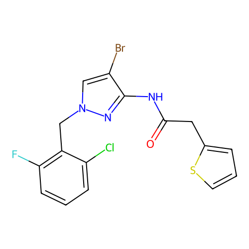 N-[4-bromo-1-[(2-chloro-6-fluorophenyl)methyl]pyrazol-3-yl]-2-thiophen-2-ylacetamide structure
