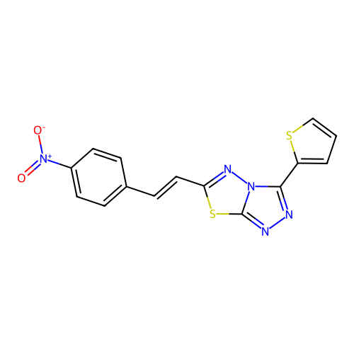 (E)-6-(4-nitrostyryl)-3-(thiophen-2-yl)-[1,2,4]triazolo[3,4-b][1,3,4]thiadiazole structure