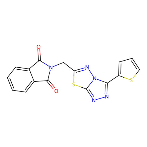 2-[(3-thiophen-2-yl-[1,2,4]triazolo[3,4-b][1,3,4]thiadiazol-6-yl)methyl]isoindole-1,3-dione structure