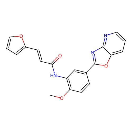 (E)-3-(furan-2-yl)-N-[2-methoxy-5-([1,3]oxazolo[4,5-b]pyridin-2-yl)phenyl]prop-2-enamide structure