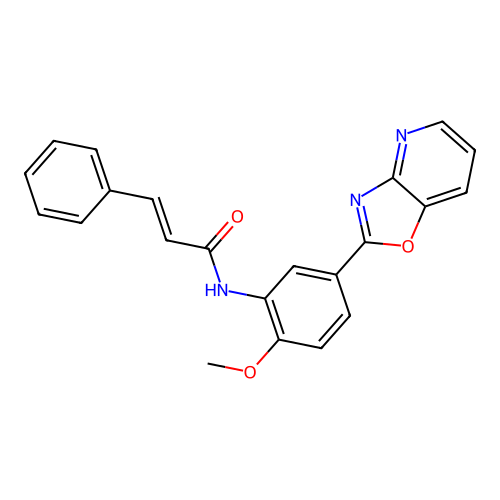 (2E)-N-[2-methoxy-5-([1,3]oxazolo[4,5-b]pyridin-2-yl)phenyl]-3-phenylprop-2-enamide structure