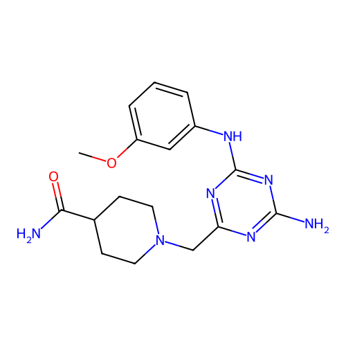 1-({4-amino-6-[(3-methoxyphenyl)amino]-1,3,5-triazin-2-yl}methyl)piperidine-4-carboxamide structure