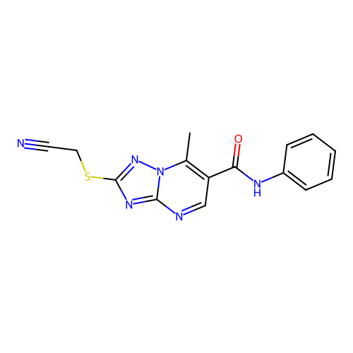 2-(cyanomethylsulfanyl)-7-methyl-N-phenyl-[1,2,4]triazolo[1,5-a]pyrimidine-6-carboxamide structure