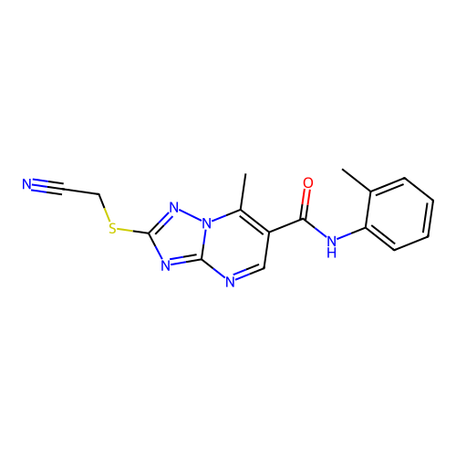 2-(cyanomethylsulfanyl)-7-methyl-N-(2-methylphenyl)-[1,2,4]triazolo[1,5-a]pyrimidine-6-carboxamide structure