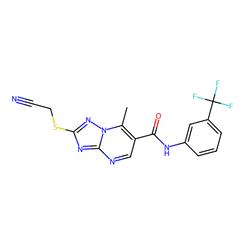 2-(cyanomethylsulfanyl)-7-methyl-N-[3-(trifluoromethyl)phenyl]-[1,2,4]triazolo[1,5-a]pyrimidine-6-carboxamide structure