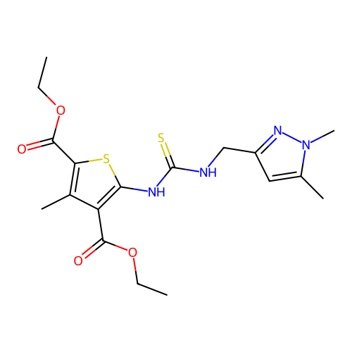 diethyl 5-({[(1,5-dimethyl-1H-pyrazol-3-yl)methyl]carbamothioyl}amino)-3-methylthiophene-2,4-dicarboxylate structure