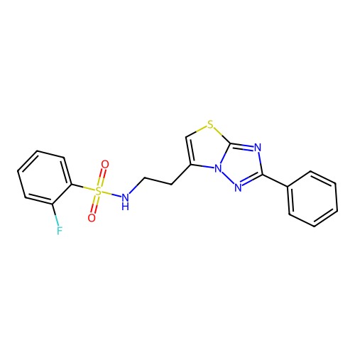 2-fluoro-N-(2-{2-phenyl-[1,2,4]triazolo[3,2-b][1,3]thiazol-6-yl}ethyl)benzene-1-sulfonamide structure