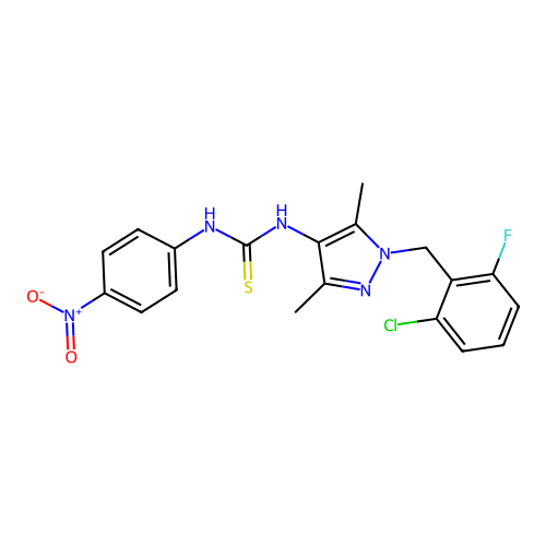1-[1-[(2-chloro-6-fluorophenyl)methyl]-3,5-dimethylpyrazol-4-yl]-3-(4-nitrophenyl)thiourea structure