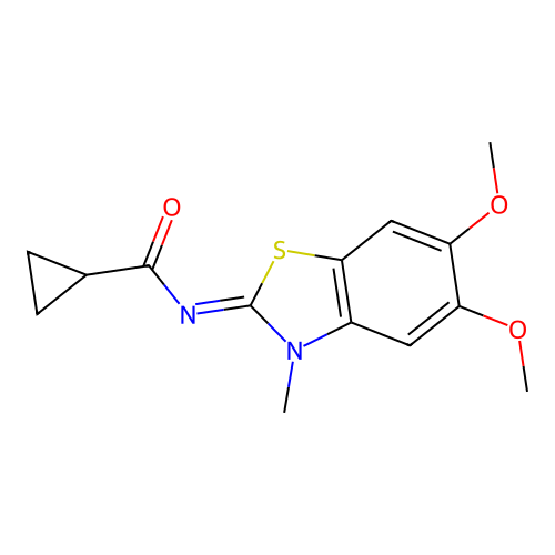 N-(5,6-dimethoxy-3-methyl-1,3-benzothiazol-2-ylidene)cyclopropanecarboxamide structure