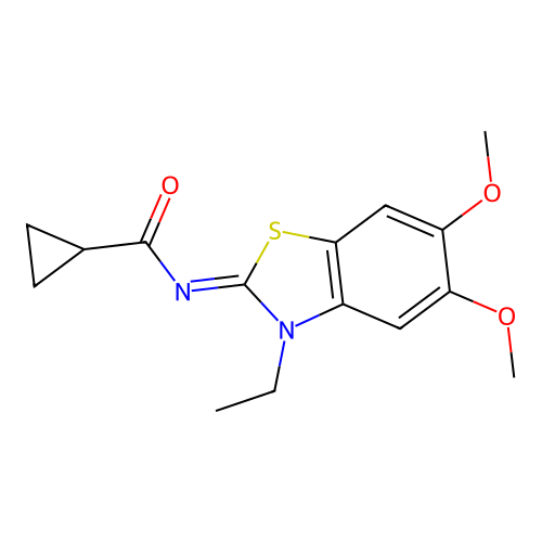 N-(3-ethyl-5,6-dimethoxy-1,3-benzothiazol-2-ylidene)cyclopropanecarboxamide structure