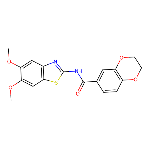 N-(5,6-dimethoxy-1,3-benzothiazol-2-yl)-2,3-dihydro-1,4-benzodioxine-6-carboxamide structure