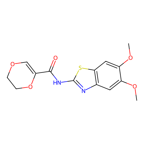 N-(5,6-dimethoxybenzo[d]thiazol-2-yl)-5,6-dihydro-1,4-dioxine-2-carboxamide structure