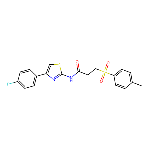 N-(4-(4-fluorophenyl)thiazol-2-yl)-3-tosylpropanamide structure