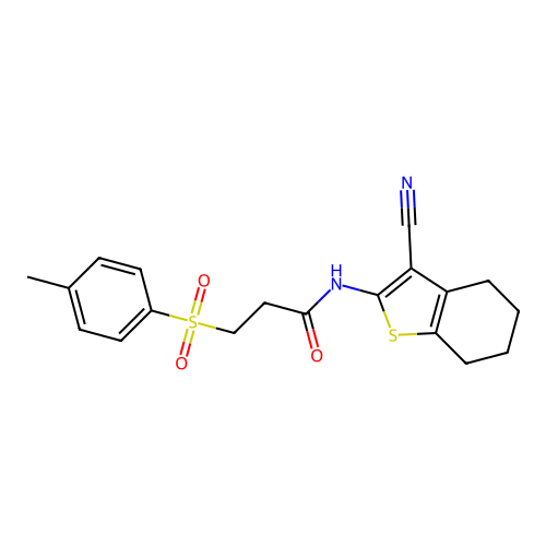 N-(3-cyano-4,5,6,7-tetrahydrobenzo[b]thiophen-2-yl)-3-tosylpropanamide structure