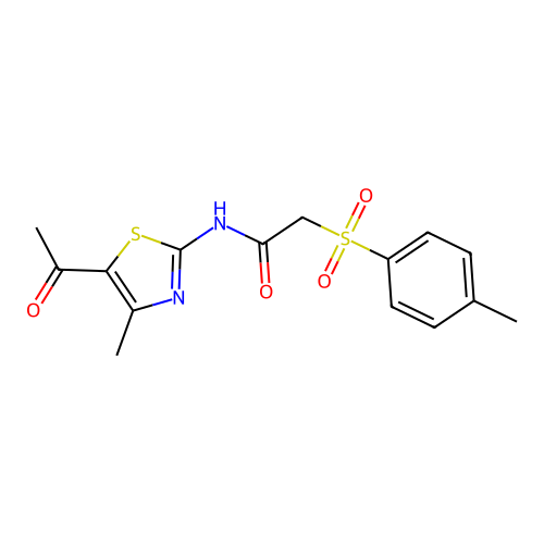 N-(5-acetyl-4-methylthiazol-2-yl)-2-tosylacetamide structure