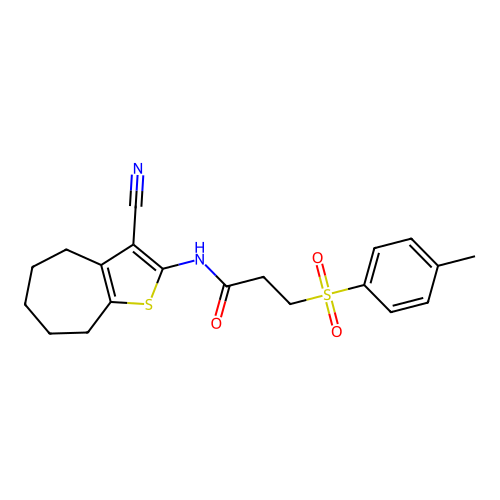 N-(3-cyano-5,6,7,8-tetrahydro-4H-cyclohepta[b]thiophen-2-yl)-3-tosylpropanamide structure